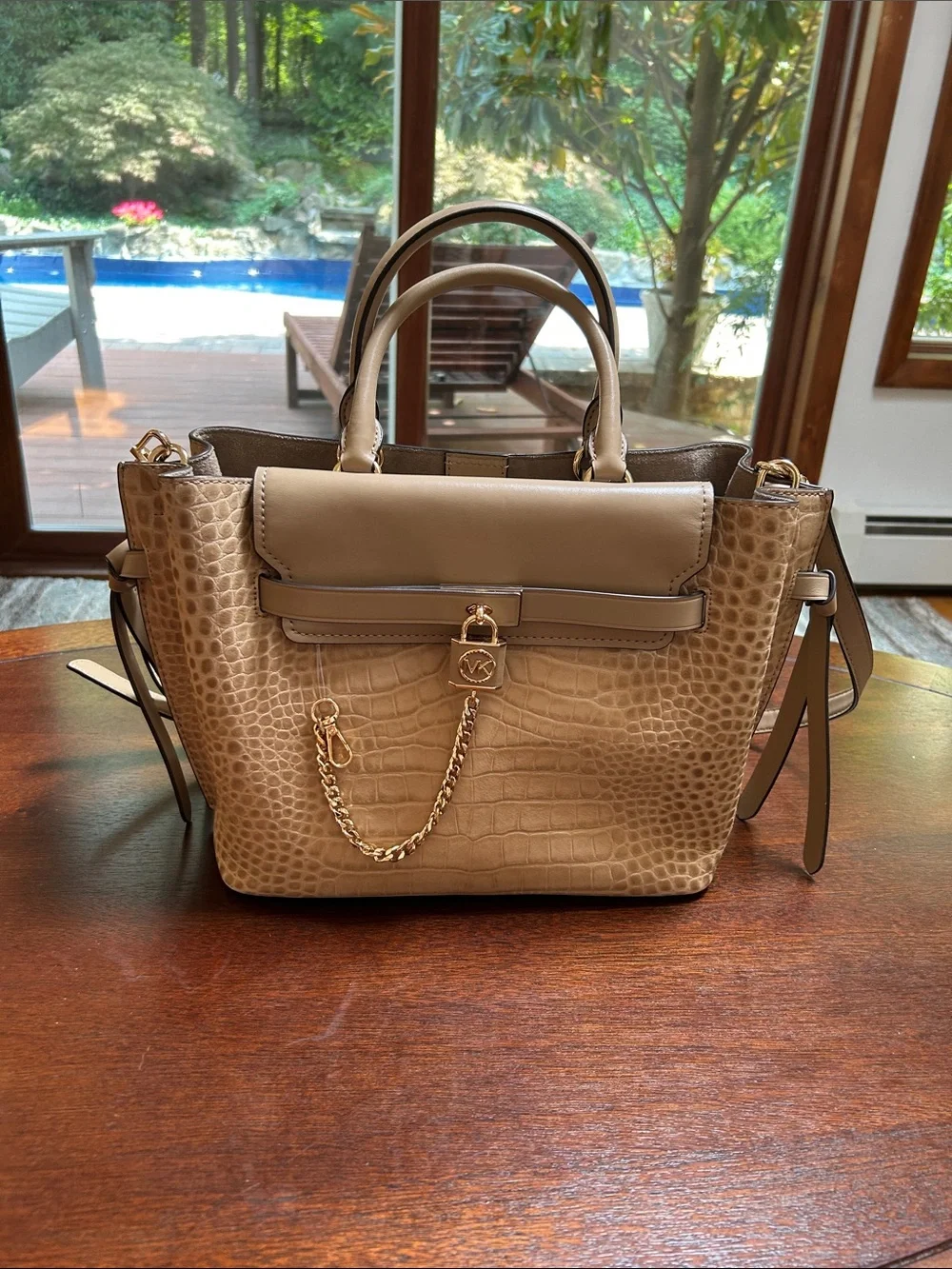 Michael Kors Taupe Croc-Embossed Satchel with Gold Chain